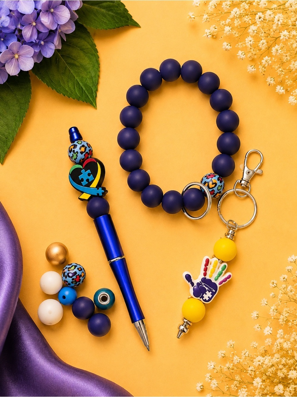 Autism Awareness Beaded Pen, Wristlet Keychain & Sensory Bracelet Gift Set